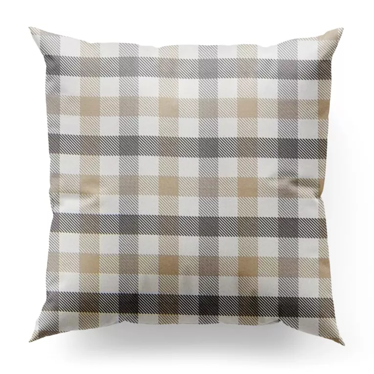 Poszewka szyta beżowo grafitowa z tkaniny o naturalnym splocie z nadrukowanym wzorem w kratę