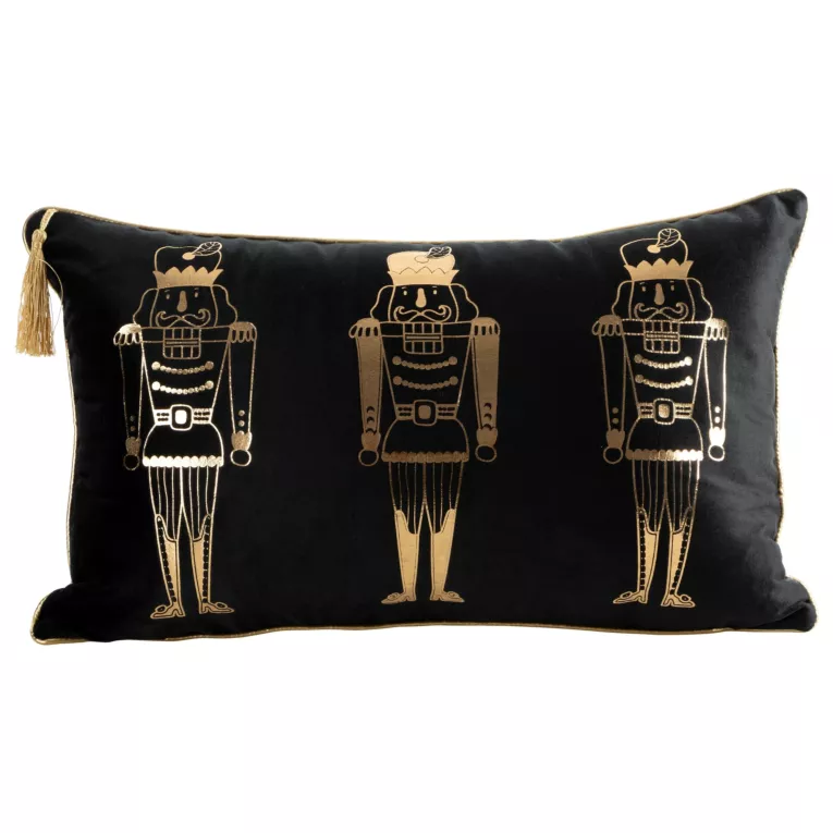 Poszewka na poduszkę 30x50 cm świąteczna welwetowa, czarno złota zdobiona nadrukiem dziadka do orzechów