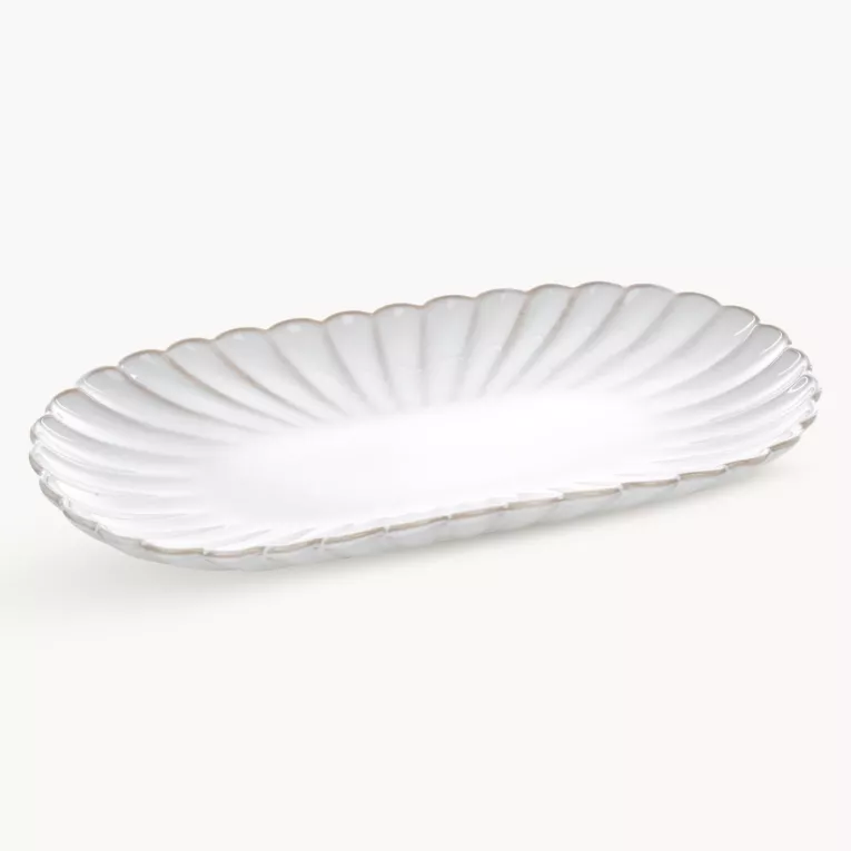 Patera ceramiczna dekoracyjna kremowo-beżowa z przecieranym wzorem w stylu eko 31x16x3 cm AVRIL