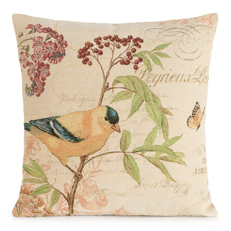 Poszewka na poduszkę 45x45 cm beżowo, jasnozielona żakardowa z motywem ptaszka GOBELIN