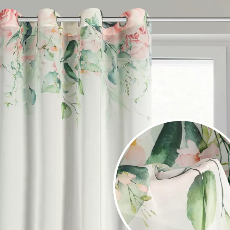 Dekoracja okienna biało, różowa zdobiona nadrukiem kwiatów 135x250 przelotka - ALORA