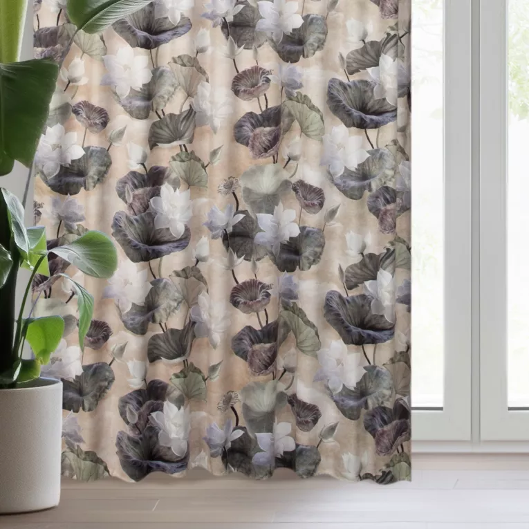 Zasłona beżowo, zielona w kwiaty z welwetu 140x270 cm taśma/szelik - LOTOS