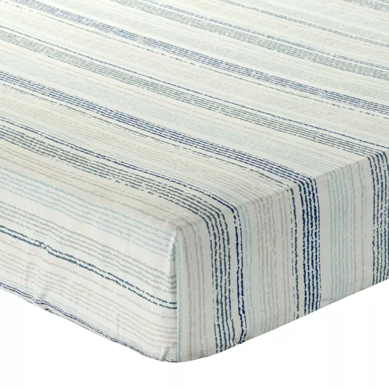 Prześcieradło z gumką 100x200 cm z bawełny kolor niebieski,biały wzór w paski 105 g/m2 PRINT