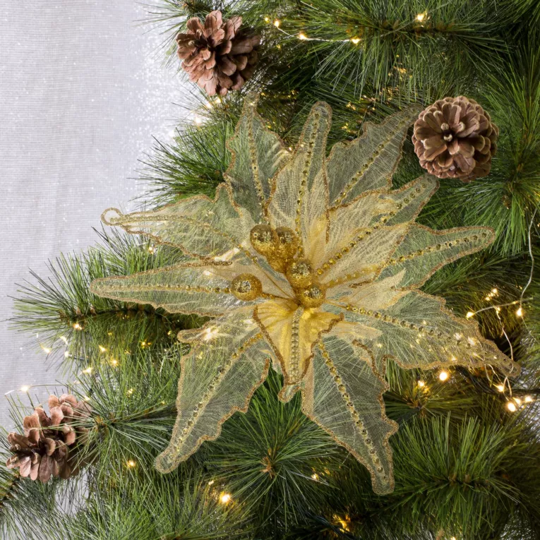 Świąteczny kwiat dekoracyjny z delikatnej organzy dekorowany kryształkami