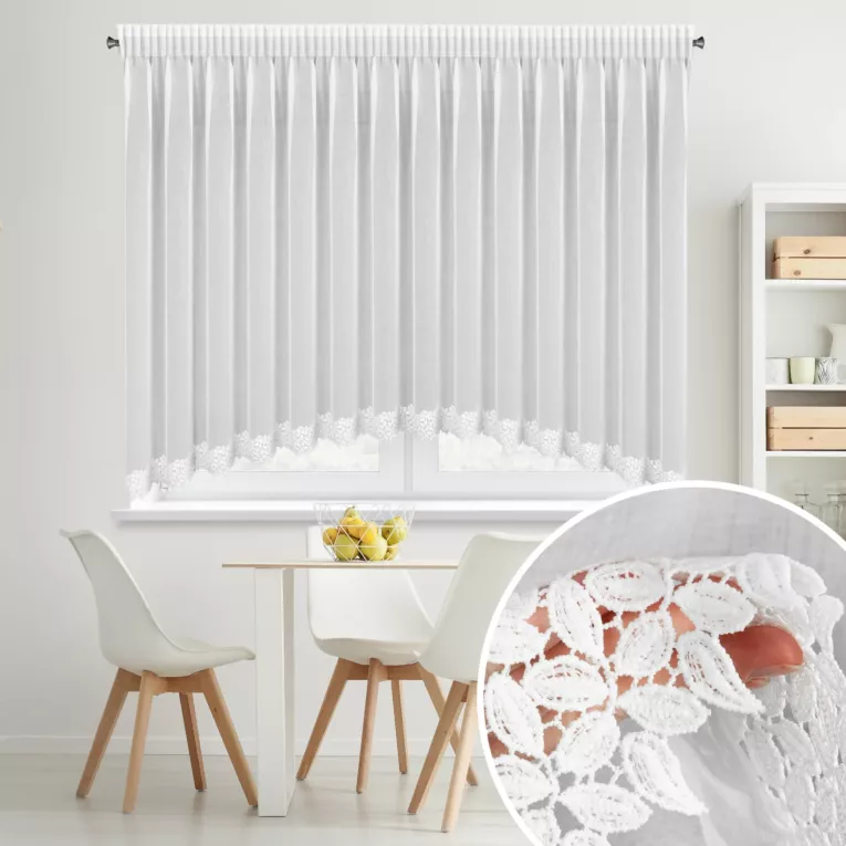 Firana biala łuk z etaminy zdobiona koronką 400x160 cm taśma - HESTIA
