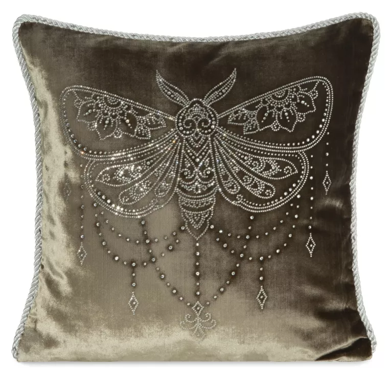 Poszewka na poduszkę 45x45 cm welwetowa, ciemnobeżowa zdobiona wzorem motyla z kryształków ROYAL 8