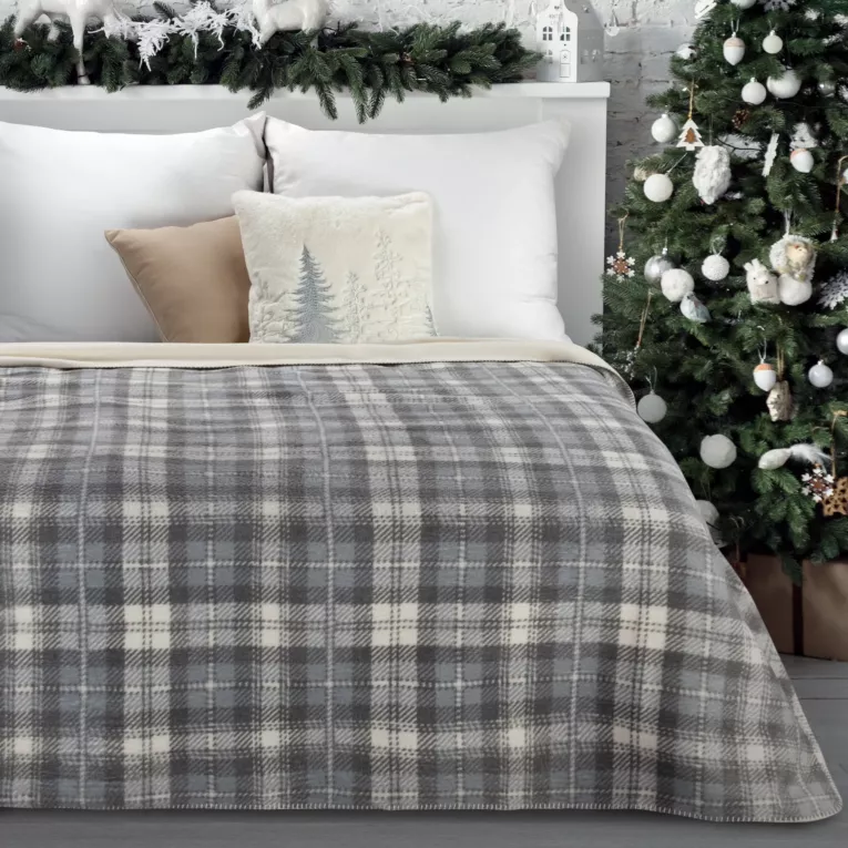 Koc bawełniano, akrylowy 200x220 cm szaro, kremowy świąteczny z motywem kraty SANTA