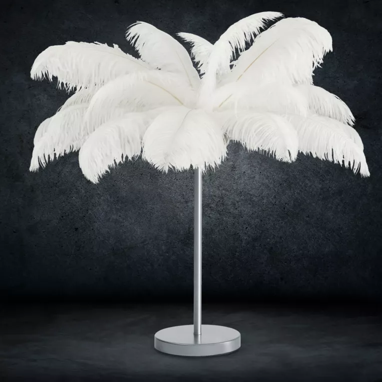 Lampa stojąca do salonu srebrno, biała FERI na metalowej podstawie z niezwykle efektownym abażurem z naturalnych strusich piór