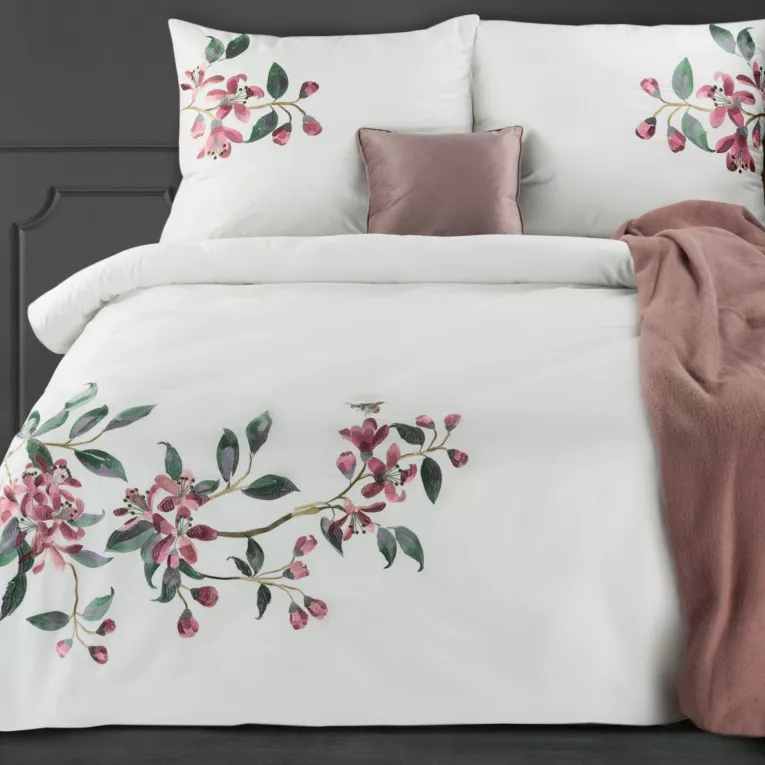 Pościel 160x200 cm z satyny bawełnianej kolor biały, różowy haftowana w kwiaty HAFT 5 Eurofirany Premium