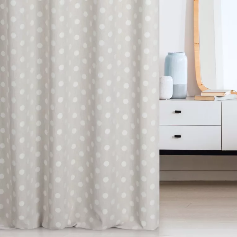 Zasłona szyta na flexach kremowo beżowa dwustronna, z wzorem w grochy