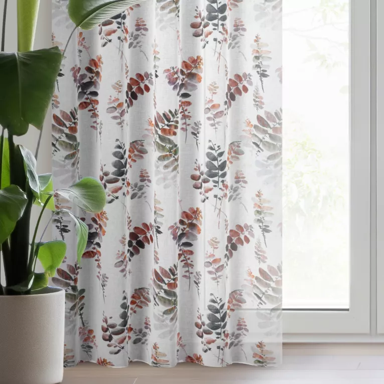 Zasłona biało, szara zdobiona subtelnym nadrukiem z etaminy 140x270 cm taśma - MARINA