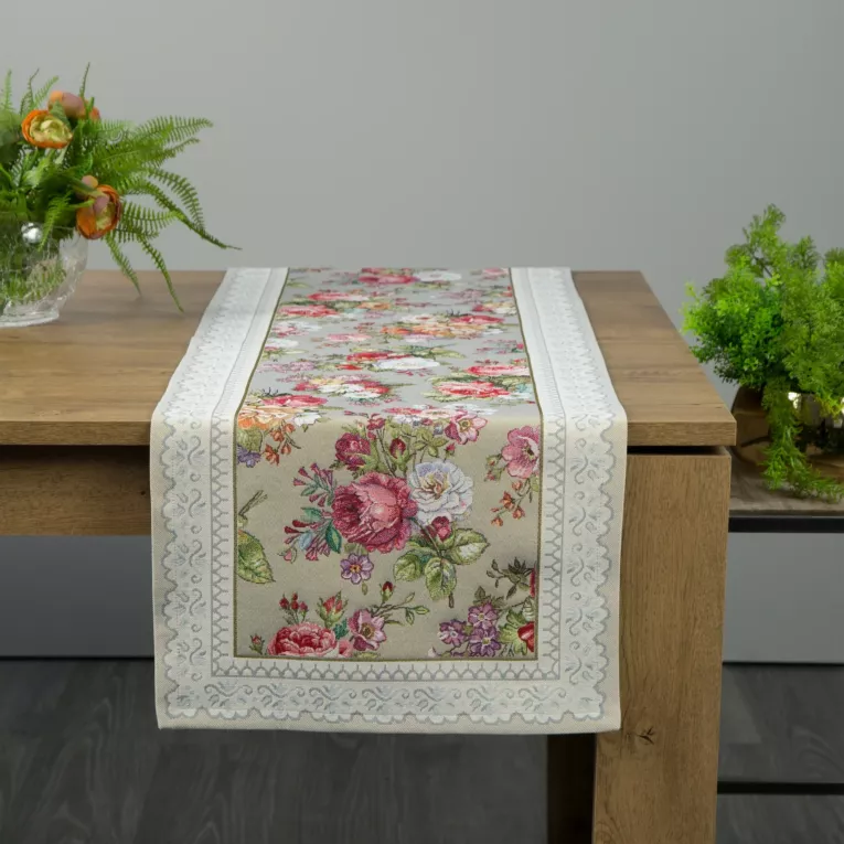 Bieżnik na stół oliwkowo, różowy 40x100 cm gobelinowy zdobiony motywem kwiatowym