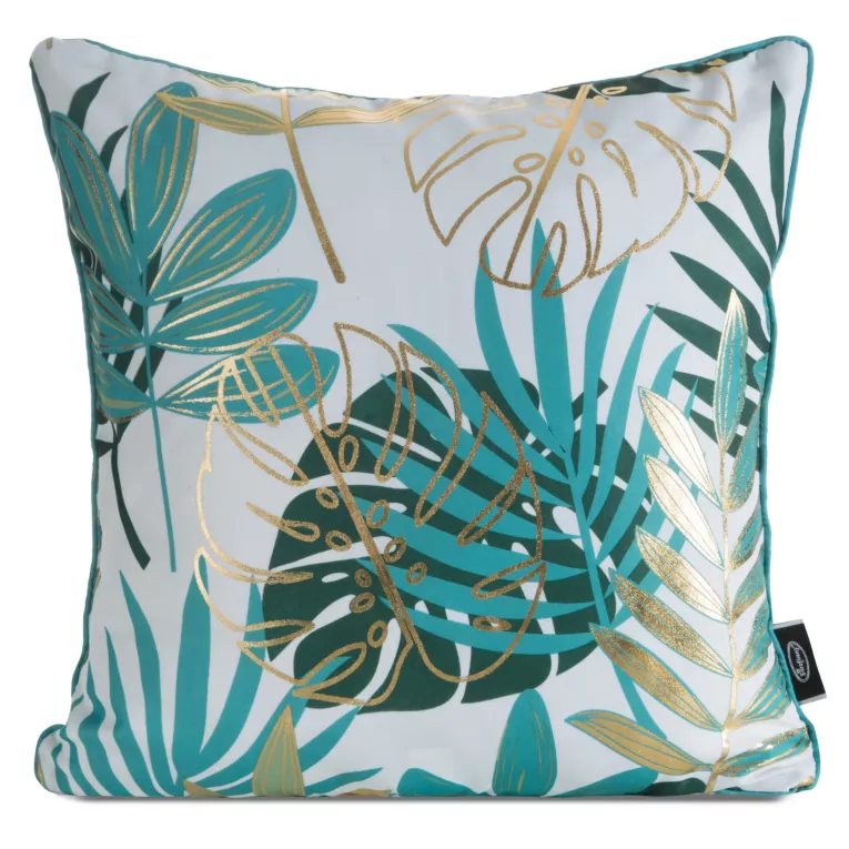 Poszewka na poduszkę 45x45 cm z tkaniny typu oxford ciemnozielona zdobiona złotymi egzotycznymi liśćmi MALTA