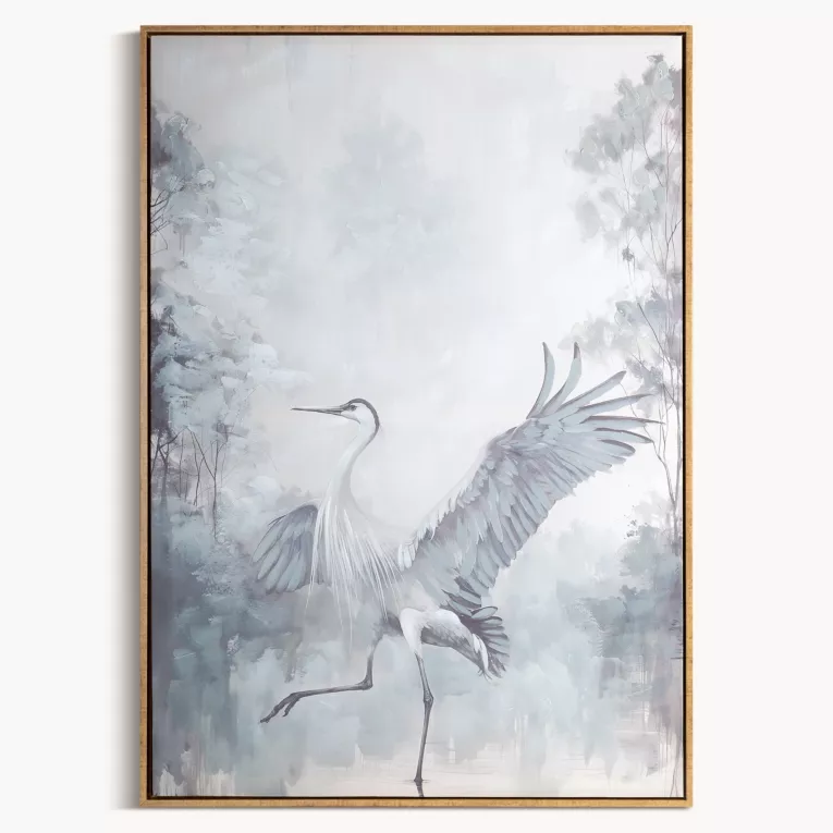 Obraz kremowo, jasnopopielaty ręcznie malowany na płótnie ptak 60x90 cm