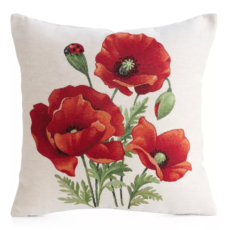 Poszewka na poduszkę 45x45 cm bawełniana, gobelinowa czerwono, naturalna z motywem letnich czerwonych maków GOB