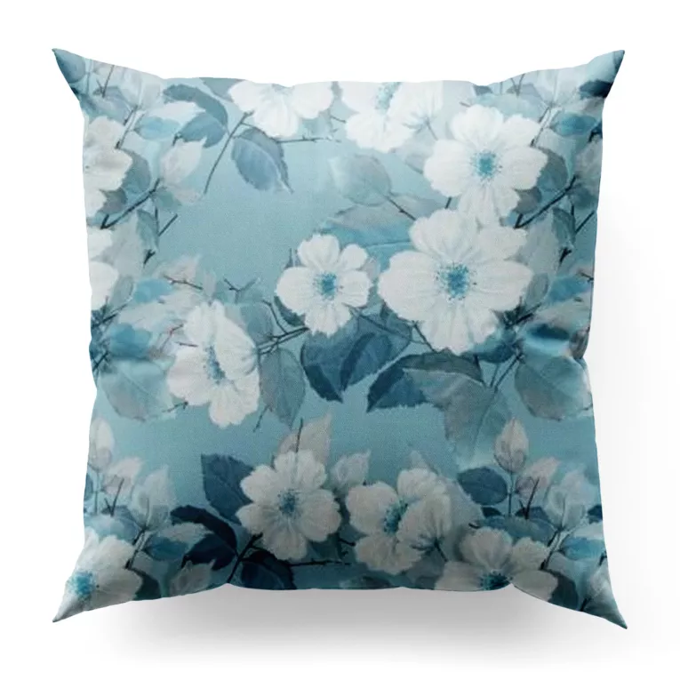 Poszewka szyta niebieska z tkaniny o naturalnym splocie z kwiatowym wzorem