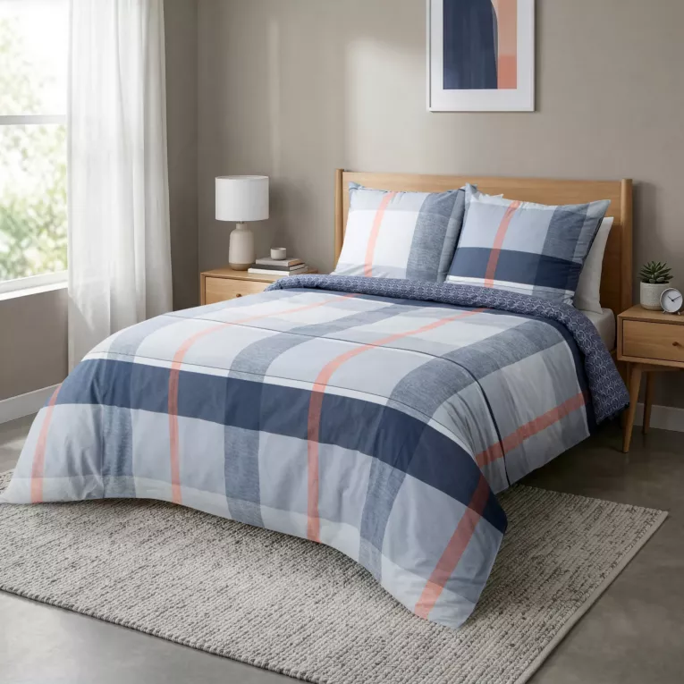 Pościel dwustronna 220x200 cm komplet 3 częściowy z satyny bawełnianej kolor niebiesko, pomarańczowa DIVA 24  - kolekcja SEA SUMMER