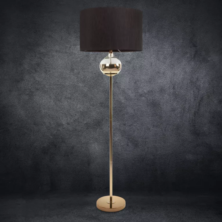 Lampa stojąca do salonu czarno, złota CAROLINE z matowym abażurem