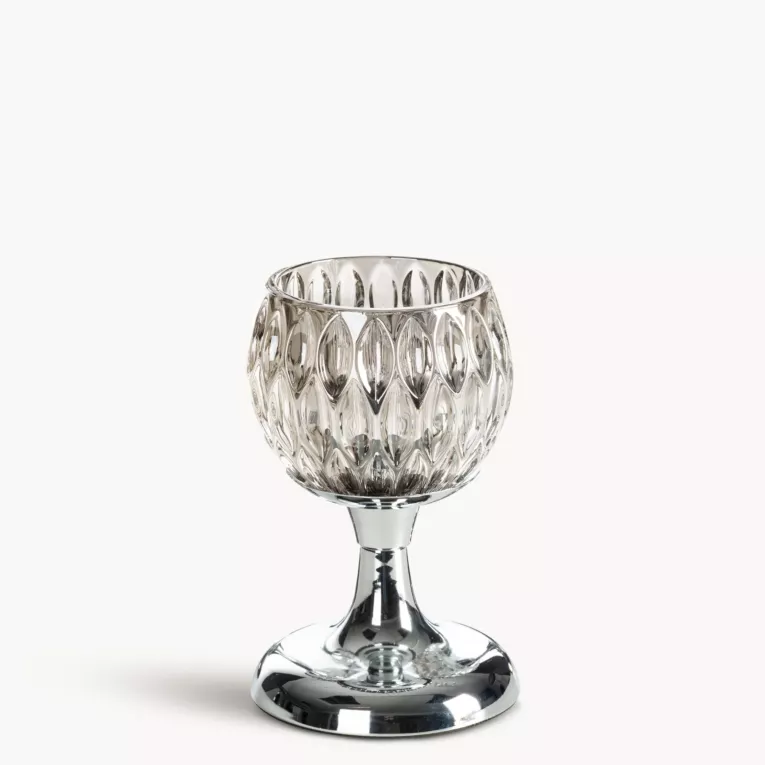 Świecznik dekoracyjny srebrno, grafitowy ze szlanym tłoczonym kielichem  średnica 11x17 cm SALMA