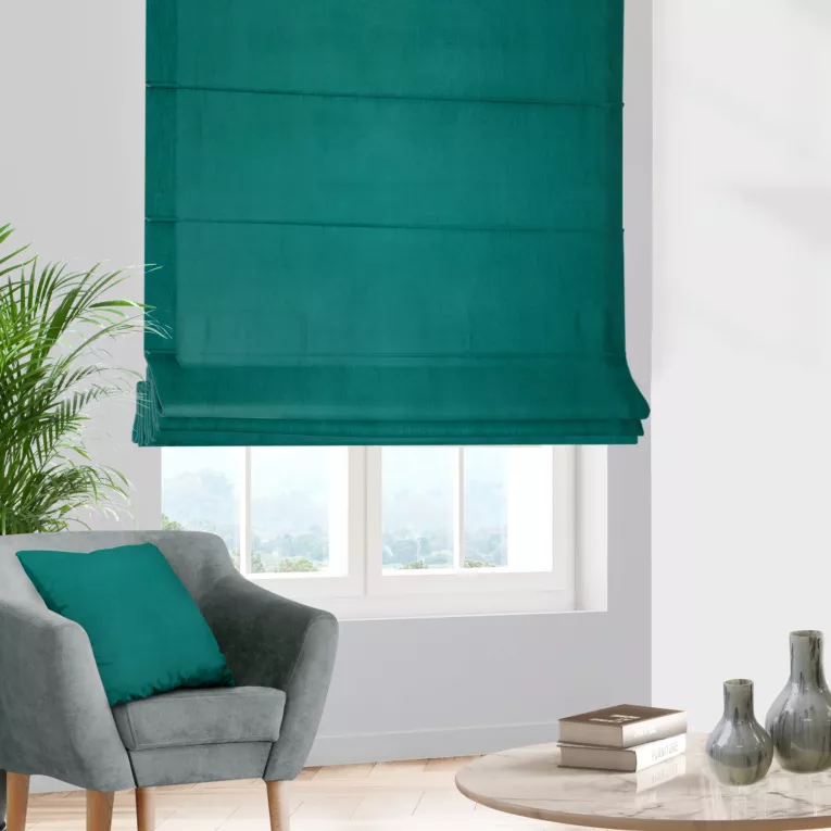 Roleta rzymska ciemnozielona z miękkiej półmatowej tkaniny welwetowej