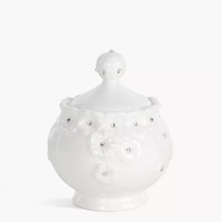 Pojemnik dekoracyjny biały zdobiony w drobne kwiaty z błyszczącym wykończeniem 10x12 cm ELISA