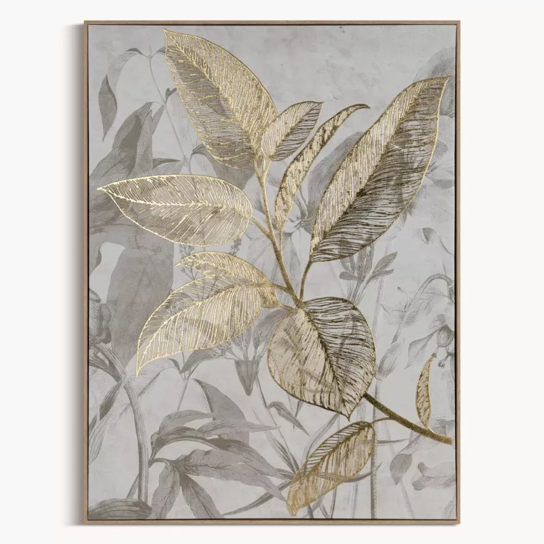 Obraz beżowo, złoty nadruk na płótnie z motywem liści 60x80 cm