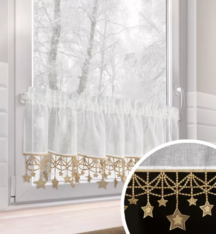 Zazdrostka biało, złota z etaminy zdobiona świątecznymi gwiazdkami 30x150 cm tunel - XMAS