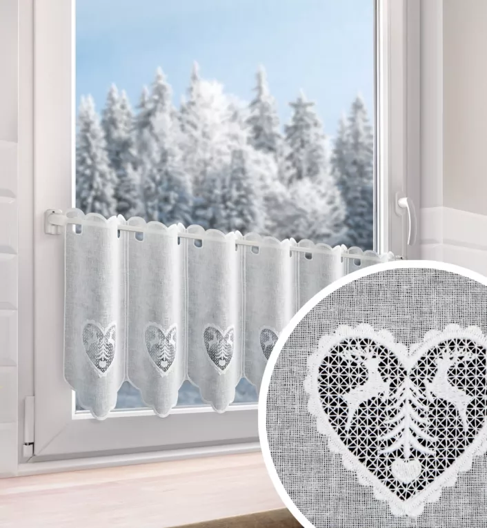 Tkanina firanowa zazdrostka z etaminy zdobiona świątecznym ażurowym haftem