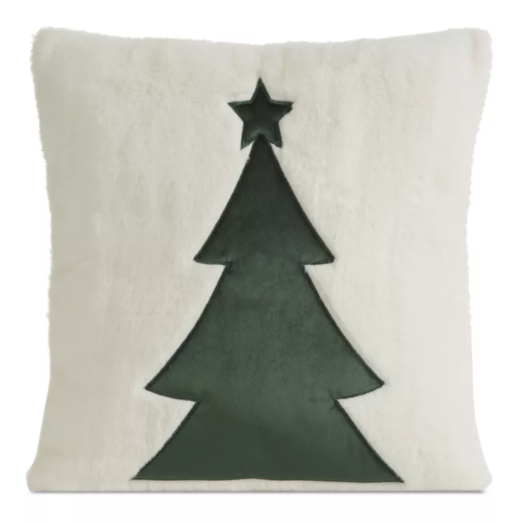 Poszewka na poduszkę 45x45 cm świąteczna z futerka kremowo zielona zdobiona motywem choinki