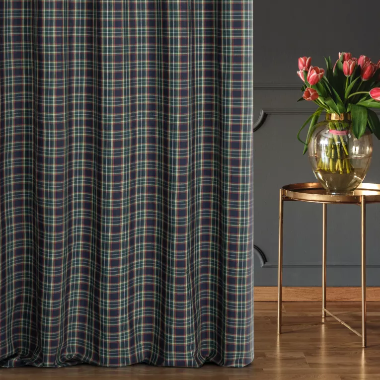 Zasłona szyta na taśmie 5 cm granatowo zielona z delikatnej tkaniny w kratkę