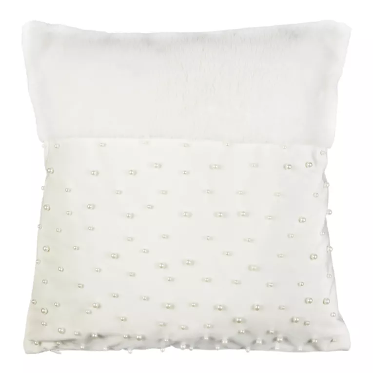 Poszewka na poduszkę 45x45 cm kremowo, biała zdobiona futerkiem i perełkami PERŁA Reina LIne
