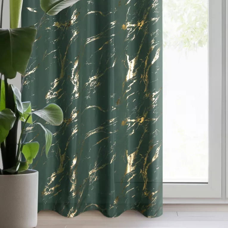 Zasłona ciemnozielono, złocista zdobiona nadrukiem marmurku 140x250 cm przelotka LANI
