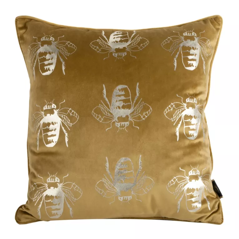 Poszewka na poduszkę 45x45 cm welwetowa, miodowo złocista z motywem pszczół BILNK