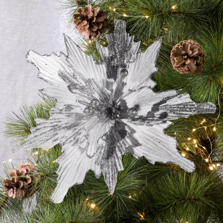 Kwiat dekoracyjny zdobiony brokatem