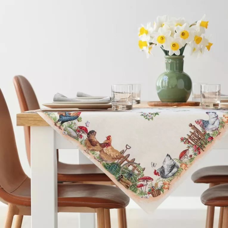 Obrus na stół naturalno, zielony 100x100 cm gobelinowy z motywem wiejskim