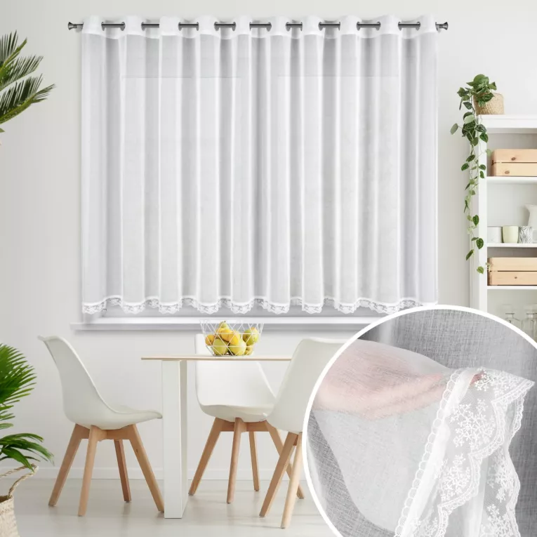 Firana biała zdobiona koronką 350x140 cm przelotka SUZAN