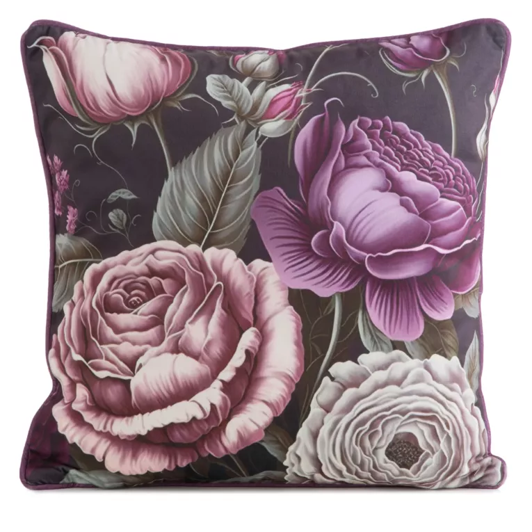 Poszewka na poduszkę 45x45 cm welwetowa, fioletowo czarna, dwustronna z motywem kwiatów Eurofirany Premium