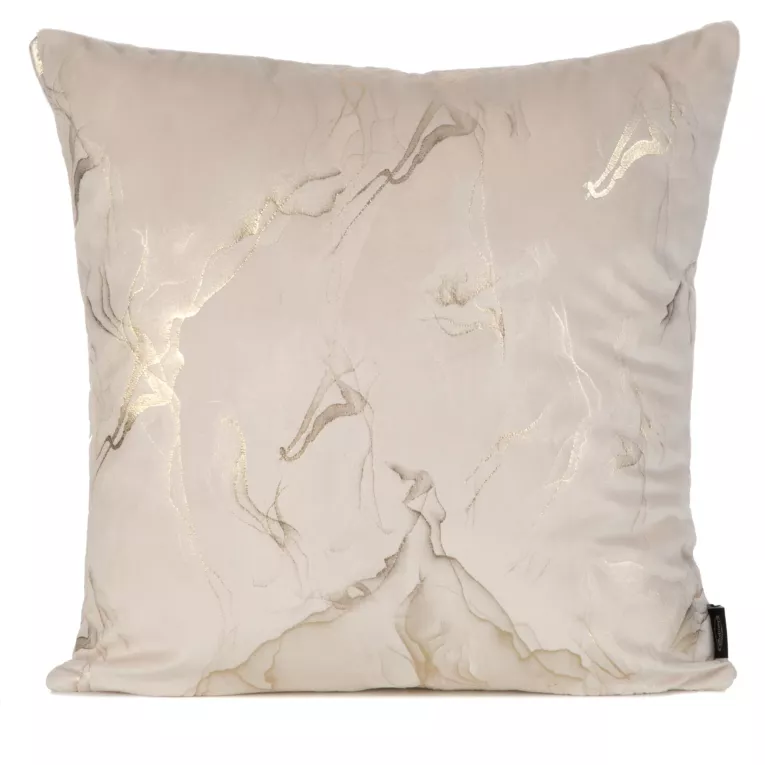 Poszewka na poduszkę 45x45 cm welwetowa jasnobeżowo, szampańska zdobiona błyszczącym nadrukiem marmuru NAIRA