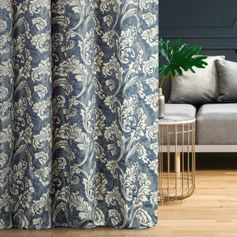 Zasłona szyta na tunelu PERUGIA granatowa ze szlachetnej tkaniny z dużym roślinnym wzorem