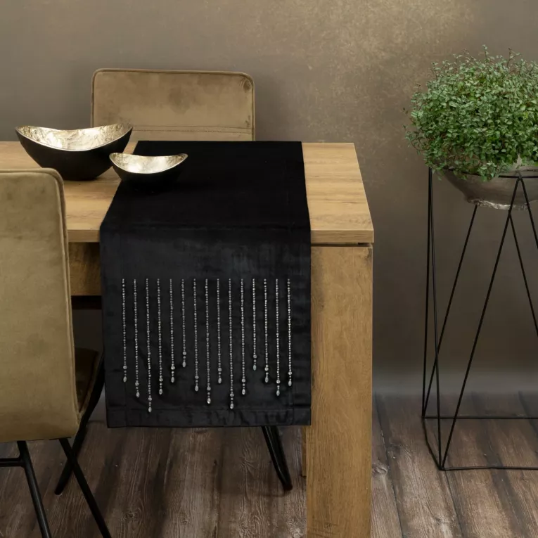 Bieżnik na stół czarny 35x220 cm welwetowy ROYAL 3 z cyrkoniami