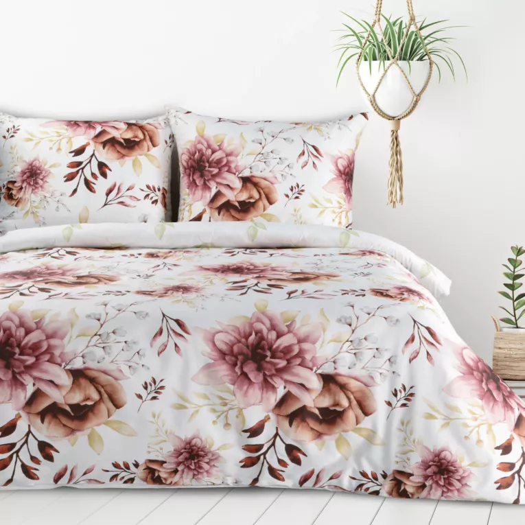 Pościel 140x200 cm z mieszanki włókien kolor biały, wrzosowy z nadrukiem kwiatów LEA11 Design 91