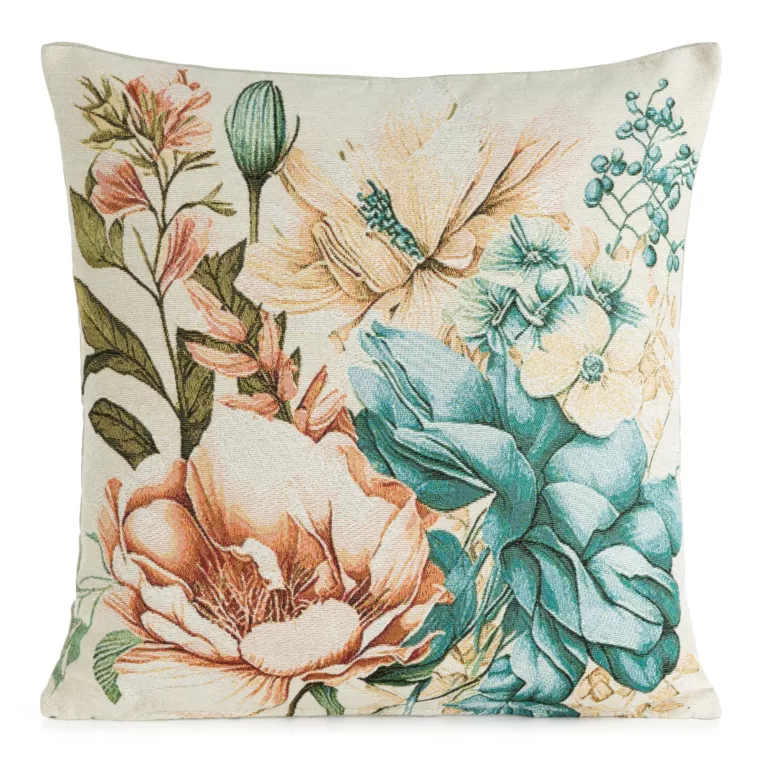Poszewka na poduszkę 45x45 cm kremowo, niebieska żakardowa z motywem kwiatów GOBELIN