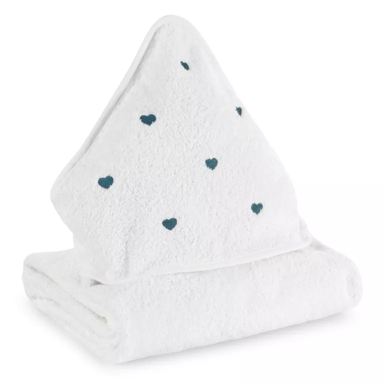 Ręcznik kąpielowy dziecięcy 100x100 cm bawełniany kolor biały,jasnoniebieski z kapturem i haftem serduszek 400 g/m2 BABY 58