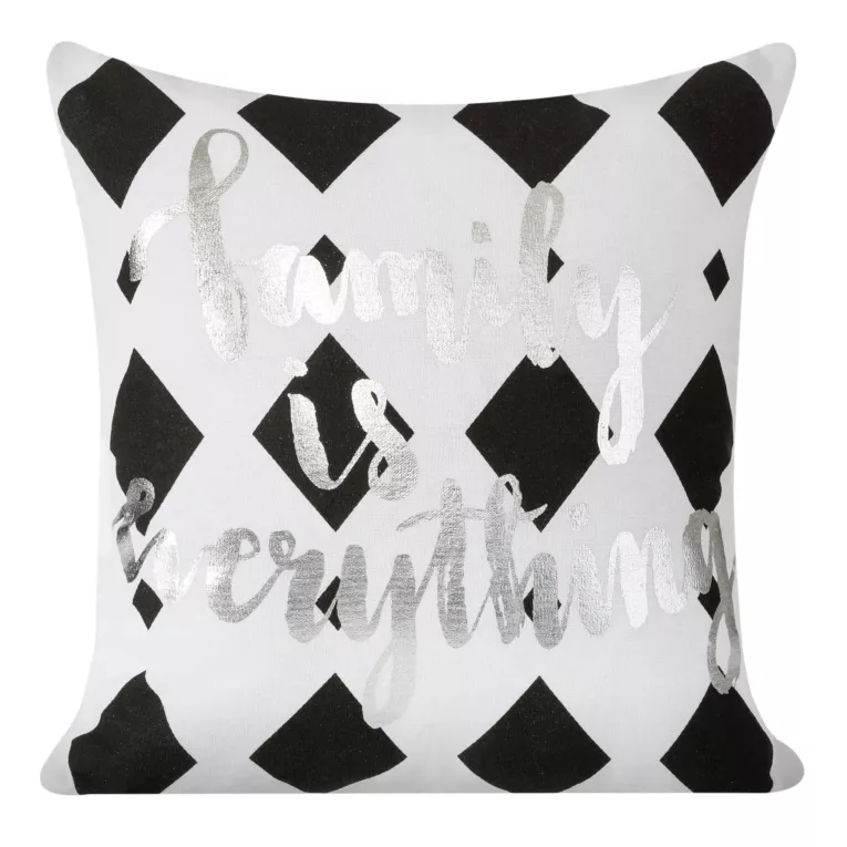 Poszewka na poduszkę 40x40 cm bawełniana, biała z nadrukiem geometrycznym i srebrnymi napisami ENOLA