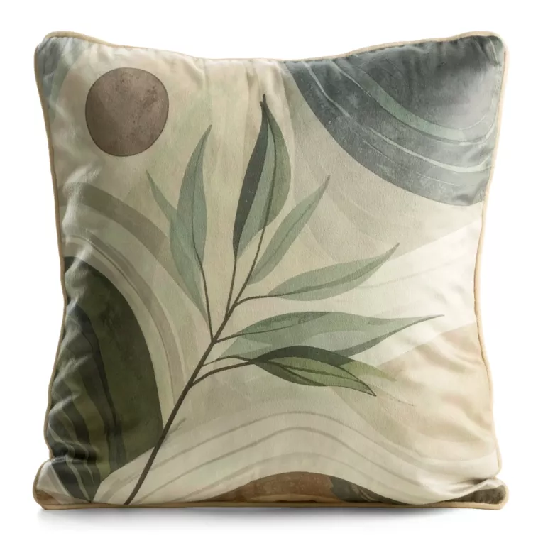 Poszewka na poduszkę 45x45 cm welwetowa oliwkowo, beżowo z roślinnym nadrukiem VELVET 213