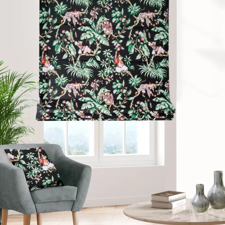 Roleta rzymska GUARANA wielokolorowa z tkaniny o płóciennym splocie z egzotycznym nadrukiem