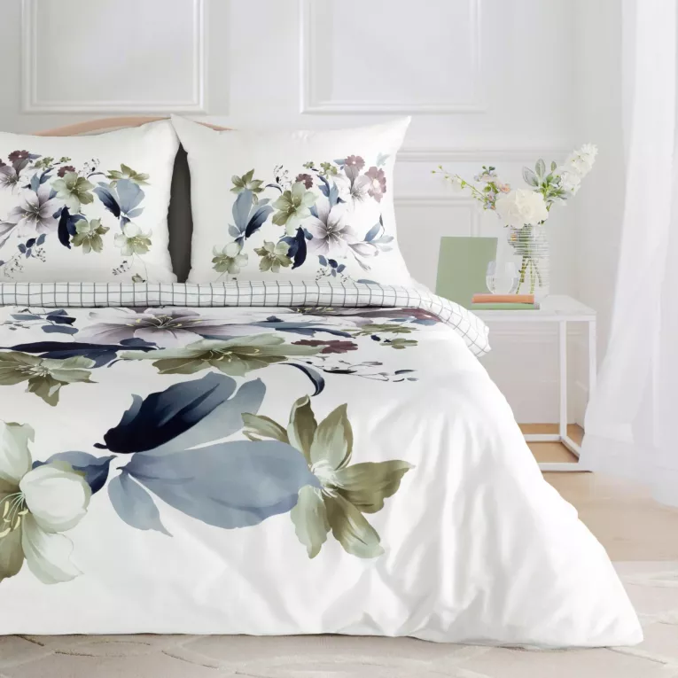 Pościel 160x200 cm bawełniana kolor biały, ciemnoniebieski z motywem kwiatowym SOFIA Eurofirany Premium