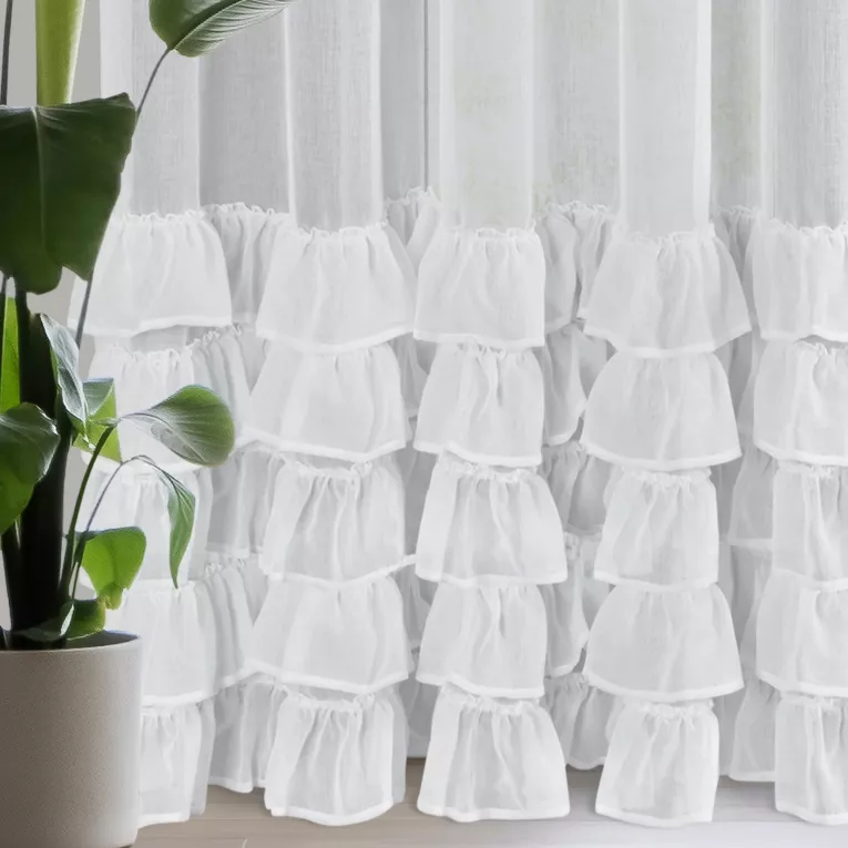 Firana biała z etaminy zdobiona w dolnej części falbanami 300x250 cm przelotka DANI