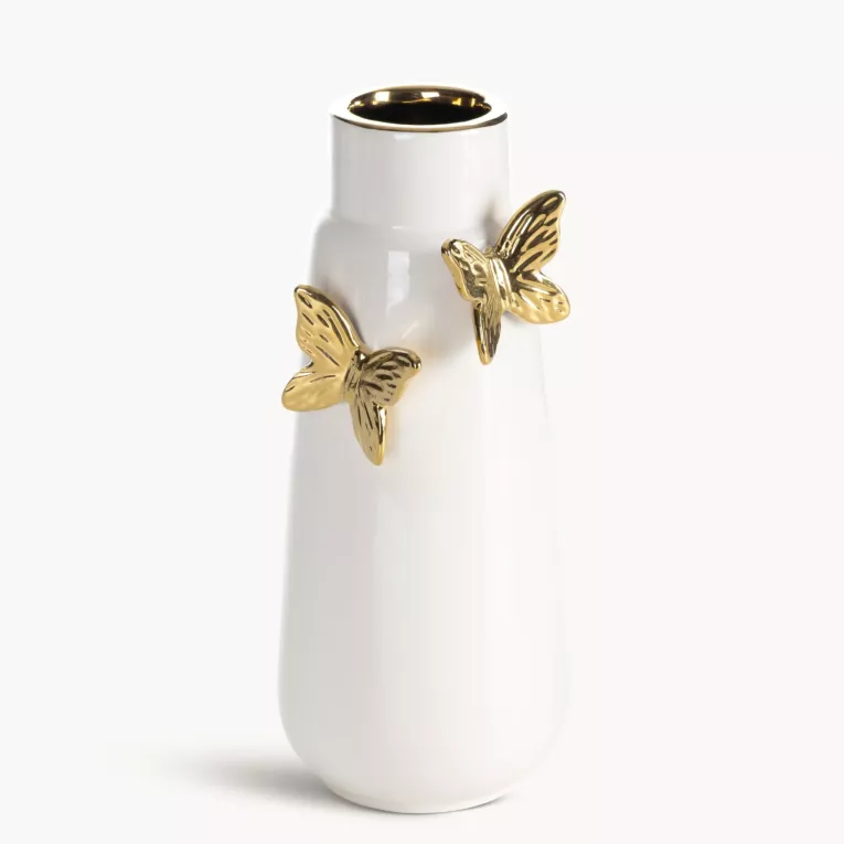 Wazon dekoracyjny kremowo, złoty zdobiony uroczymi motylami 12x10x26 cm ASTRID