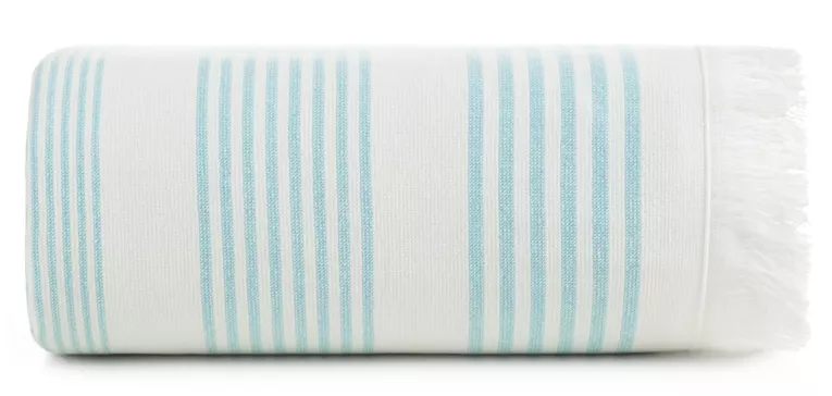 Ręcznik kąpielowy 90x170 cm bawełniany kolor turkusowy,biały z nadrukiem kontrastujących paseczków i frędzli 350 g/m2 KORFU